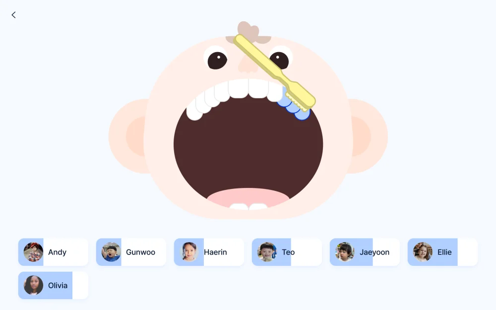 교실 키오스크 양치 화면과 학생 명단