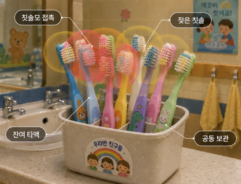 칫솔모가 서로 닿은 채 공동 보관된 아이들 칫솔 — 칫솔모 접촉, 젖은 칫솔, 잔여 타액, 공동 보관